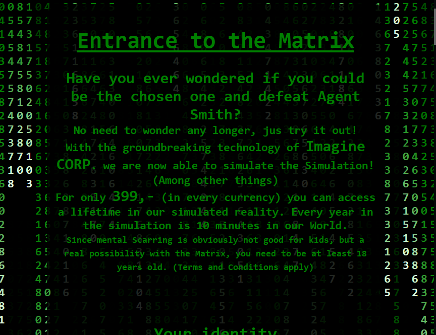 A green and black Webpage with the typical Matrix code rain in the background.