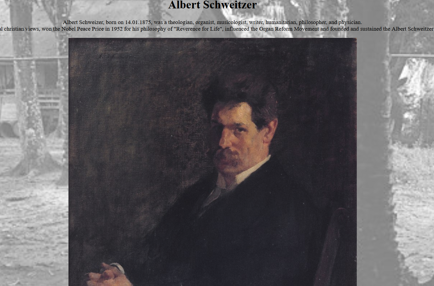 A screenshot of my Albert Schweitzer website with his portrait being the center piece of the page.